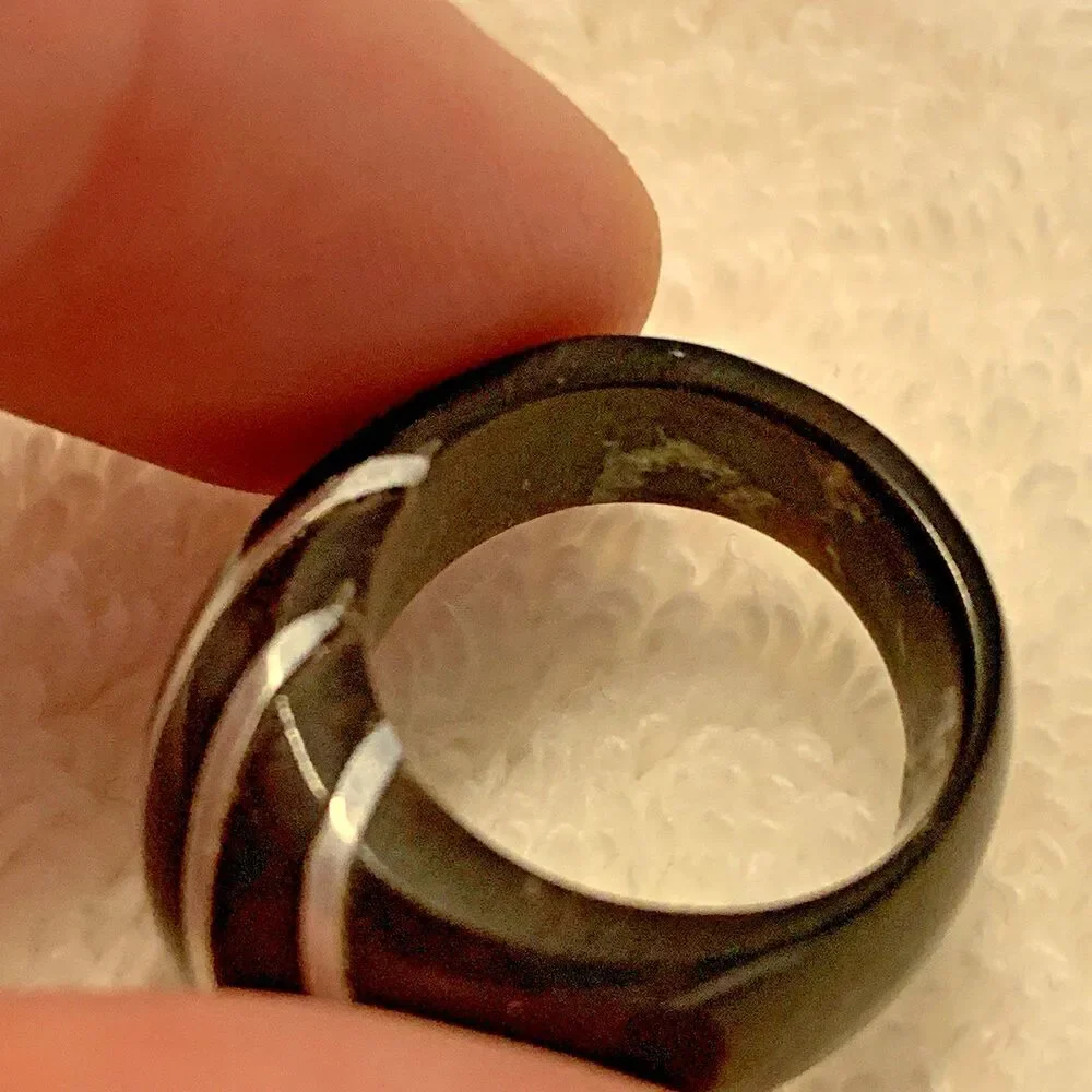 Vintage Bakelite Ring Black Dome w/ Silver Inlay Stripes Chunky Band Size 5
